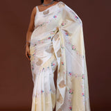 Off White Banarasi Saree With Floral Print