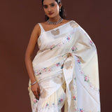 Off White Banarasi Saree With Floral Print