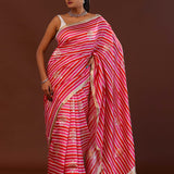 Red And Pink Stripes Banarasi Saree With Zari Floral Butta'S