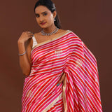 Red And Pink Stripes Banarasi Saree With Zari Floral Butta'S