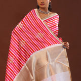 Red And Pink Stripes Banarasi Saree With Zari Floral Butta'S