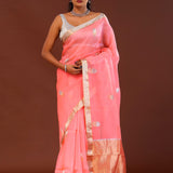 Salmon Pink Organza Banarasi Saree