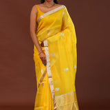 Bright Yellow Organza Banarasi Saree