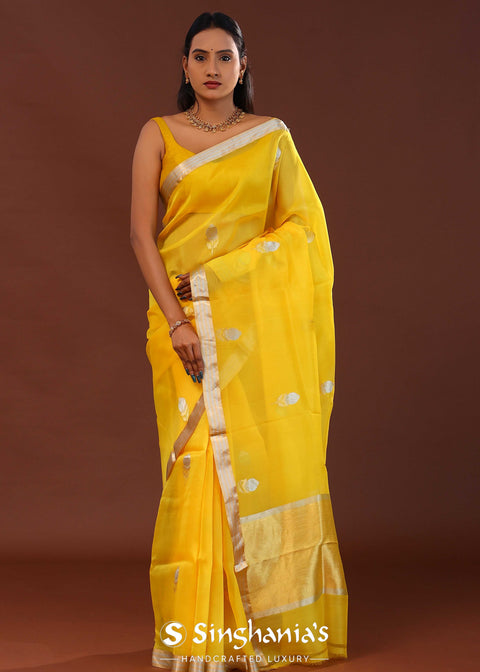 <img> Bright Yellow Organza Banarasi Saree