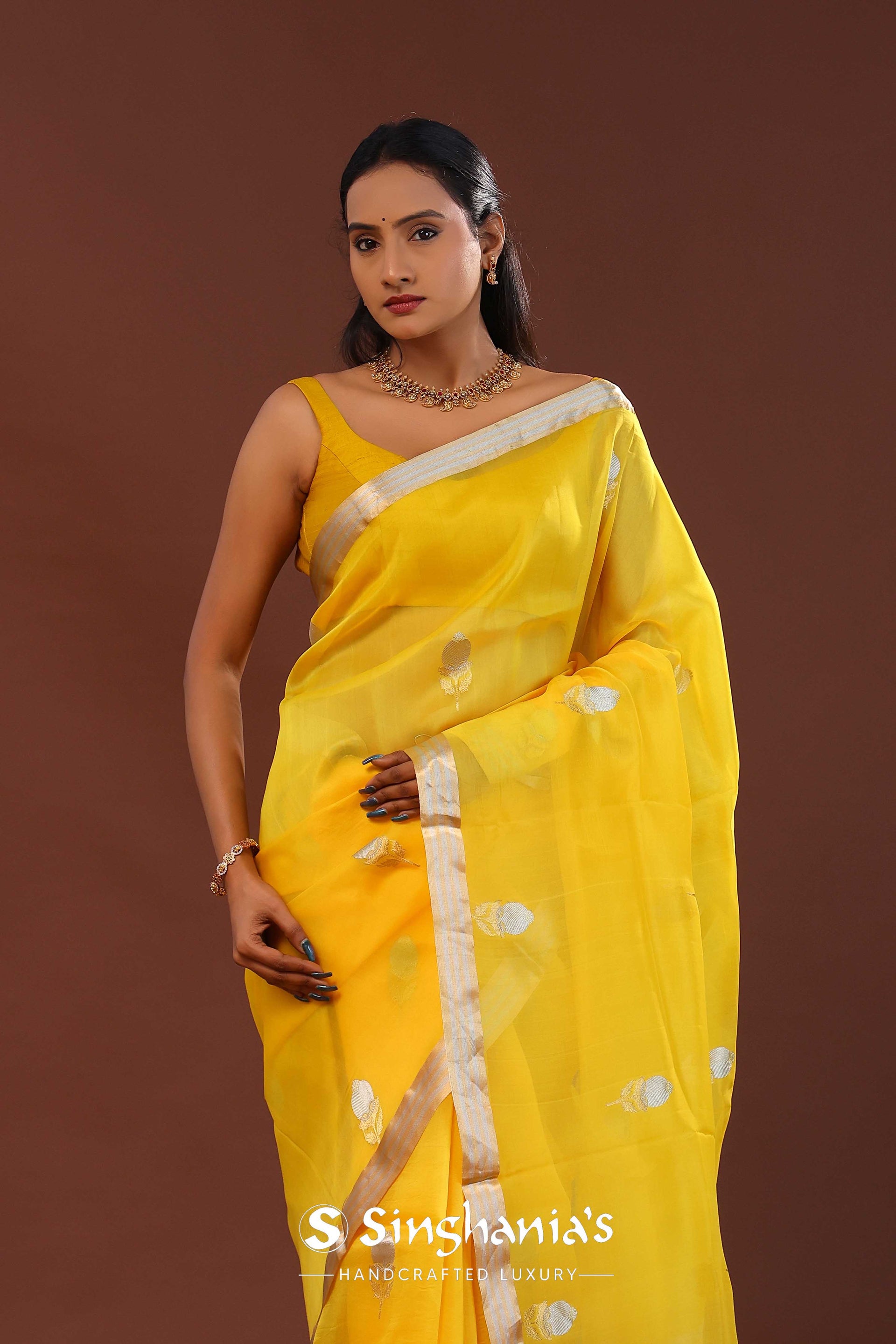 <img> Bright Yellow Organza Banarasi Saree