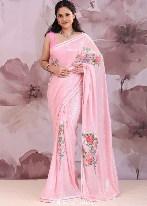 <img> Soft Pink Georgette Saree With Embroidery Work