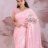 Soft Pink Georgette Saree With Embroidery Work