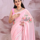 Soft Pink Georgette Saree With Embroidery Work