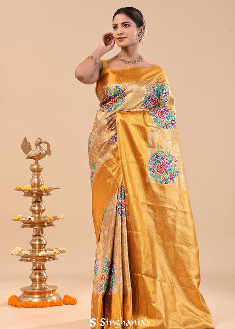 <img> Golden Tissue Kanjivaram Saree With Petit Point Embroidery