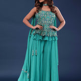 Sea Green Chinon Crepe Indo-Western Set