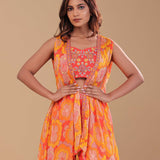 Orange Chinon Crepe Indo-Western Set