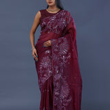 Burgundy Organza Saree With Open Designer Border