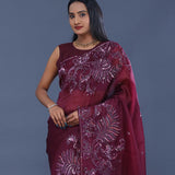 Burgundy Organza Saree With Open Designer Border
