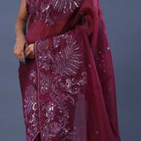 Burgundy Organza Saree With Open Designer Border