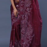 Burgundy Organza Saree With Open Designer Border