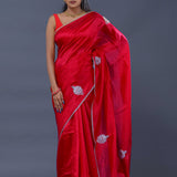 Red Satin Crepe Saree With Zardosi Butta'S