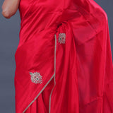 Red Satin Crepe Saree With Zardosi Butta'S