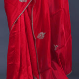 Red Satin Crepe Saree With Zardosi Butta'S