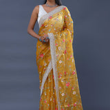 Classic Yellow Organza Saree With Parsi Embroidery