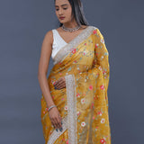 Classic Yellow Organza Saree With Parsi Embroidery