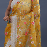 Classic Yellow Organza Saree With Parsi Embroidery