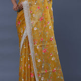 Classic Yellow Organza Saree With Parsi Embroidery