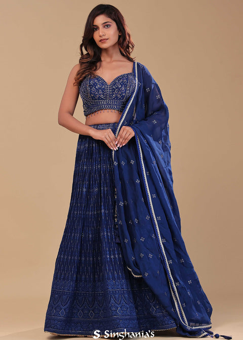 <img> Navy Blue Crushed Georgette Lehenga Set