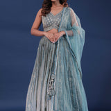 Baby Blue Organza Lehenga Set With Mirror Work