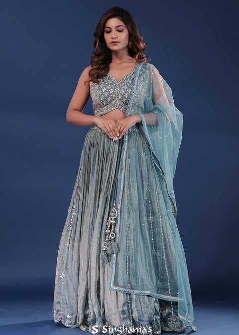 <img> Baby Blue Organza Lehenga Set With Mirror Work