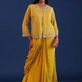 Mustard Yellow Chinon Drape Style Saree