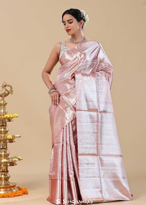 <img> Dusty Pink Kanjivaram Saree With Silver Zari