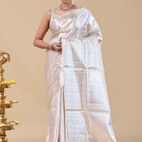 White Kanjivaram Saree With Silver Zari