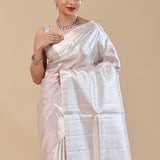 White Kanjivaram Saree With Silver Zari