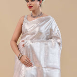 White Kanjivaram Saree With Silver Zari
