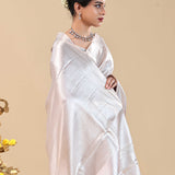 White Kanjivaram Saree With Silver Zari