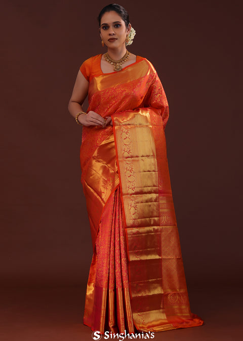 <img> Burnt Red Kanjivaram Silk Saree With Floral Jaal