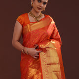 Burnt Red Kanjivaram Silk Saree With Floral Jaal