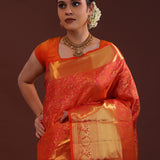 Burnt Red Kanjivaram Silk Saree With Floral Jaal