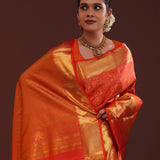 Burnt Red Kanjivaram Silk Saree With Floral Jaal