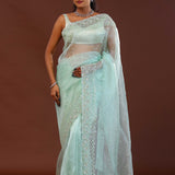 Pistachio Green Organza Saree With Scallop Border