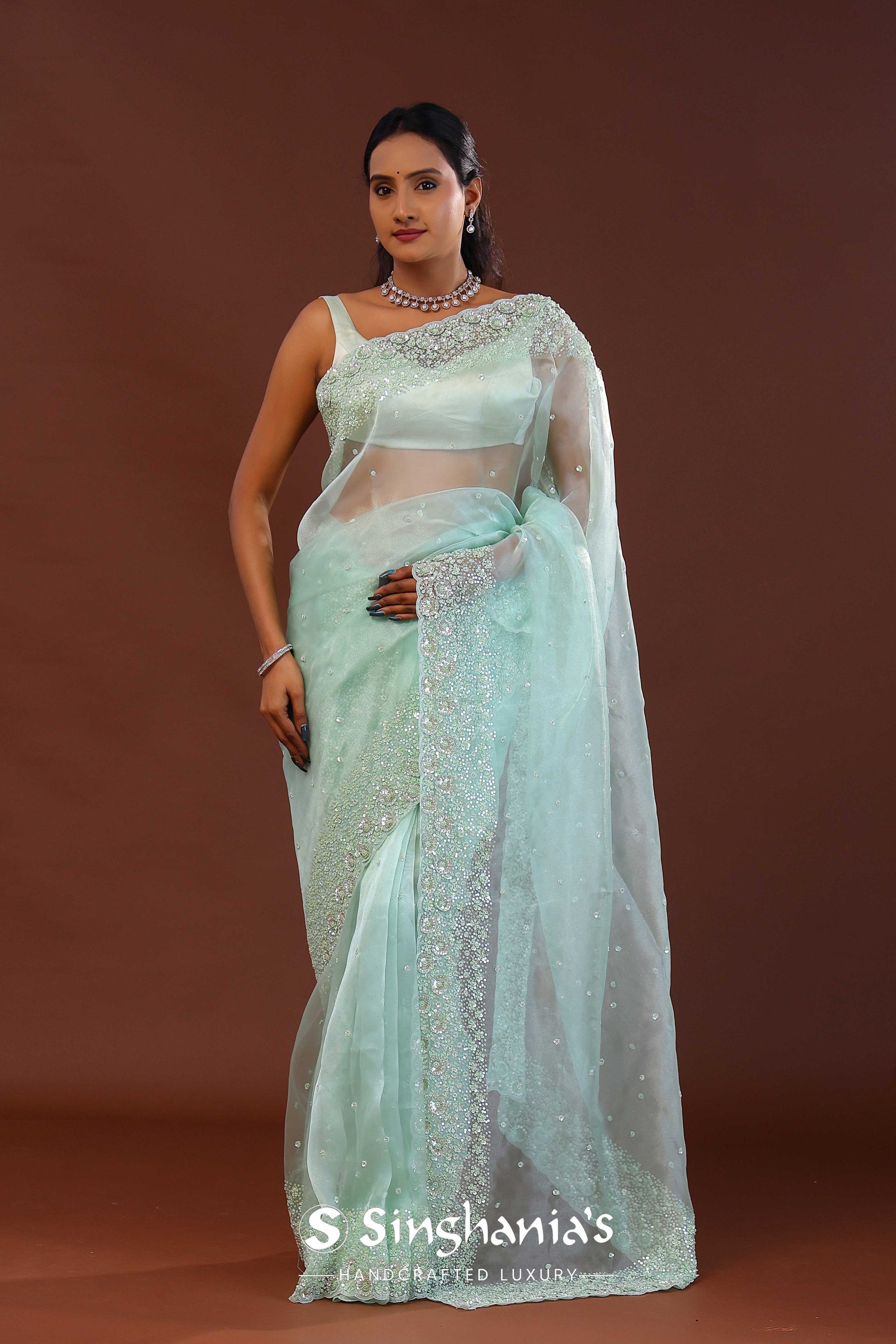 <img>  Green Organza Saree With Scallop Border