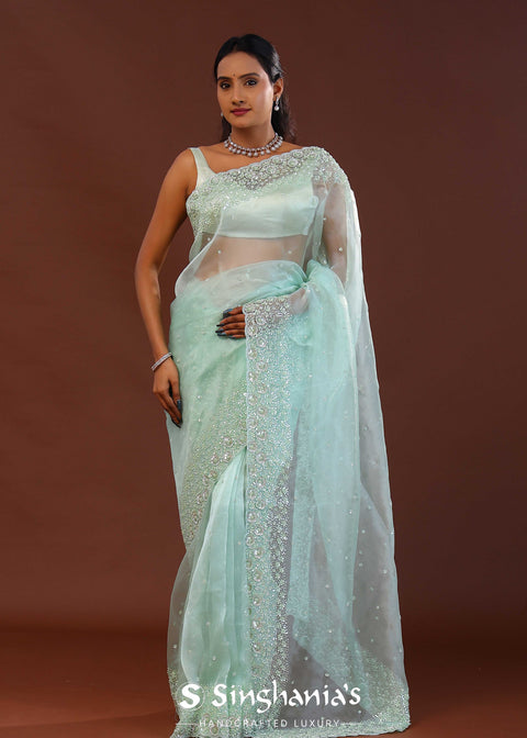 <img>  Green Organza Saree With Scallop Border