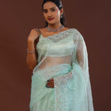 Pistachio Green Organza Saree With Scallop Border