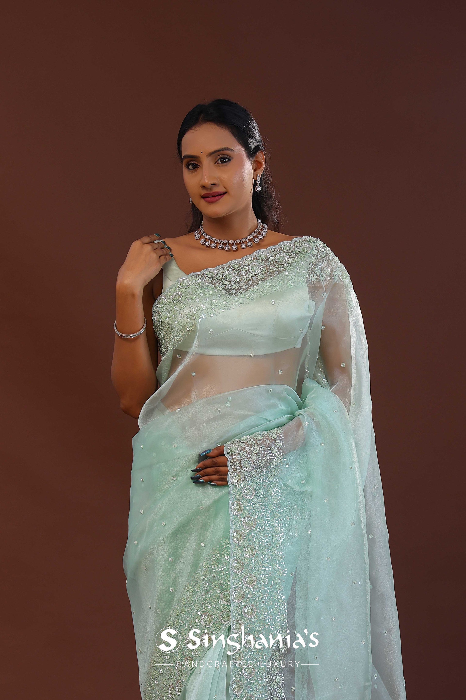 <img>  Green Organza Saree With Scallop Border
