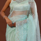 Pistachio Green Organza Saree With Scallop Border
