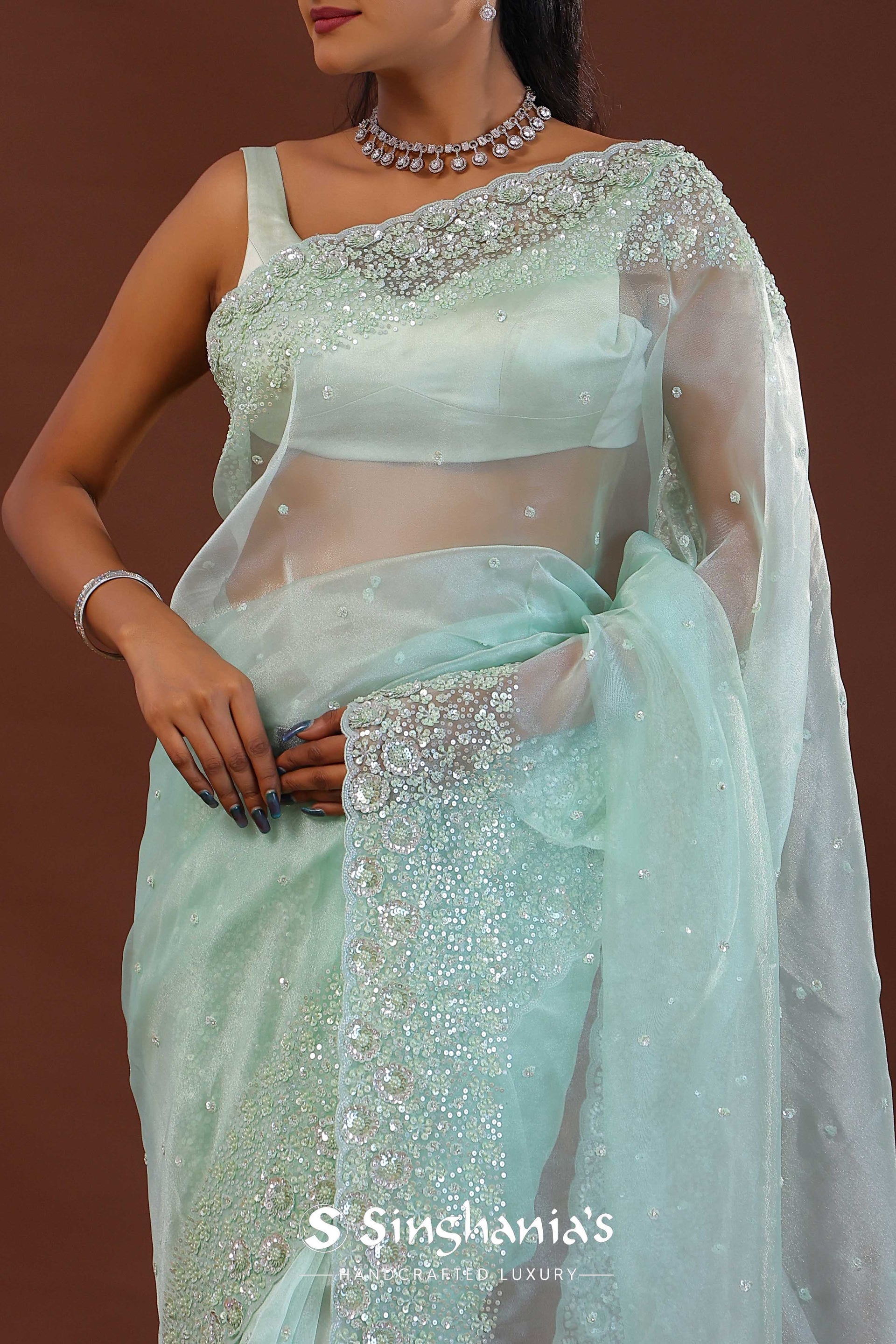 <img>  Green Organza Saree With Scallop Border