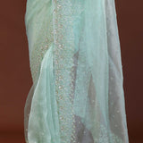 Pistachio Green Organza Saree With Scallop Border
