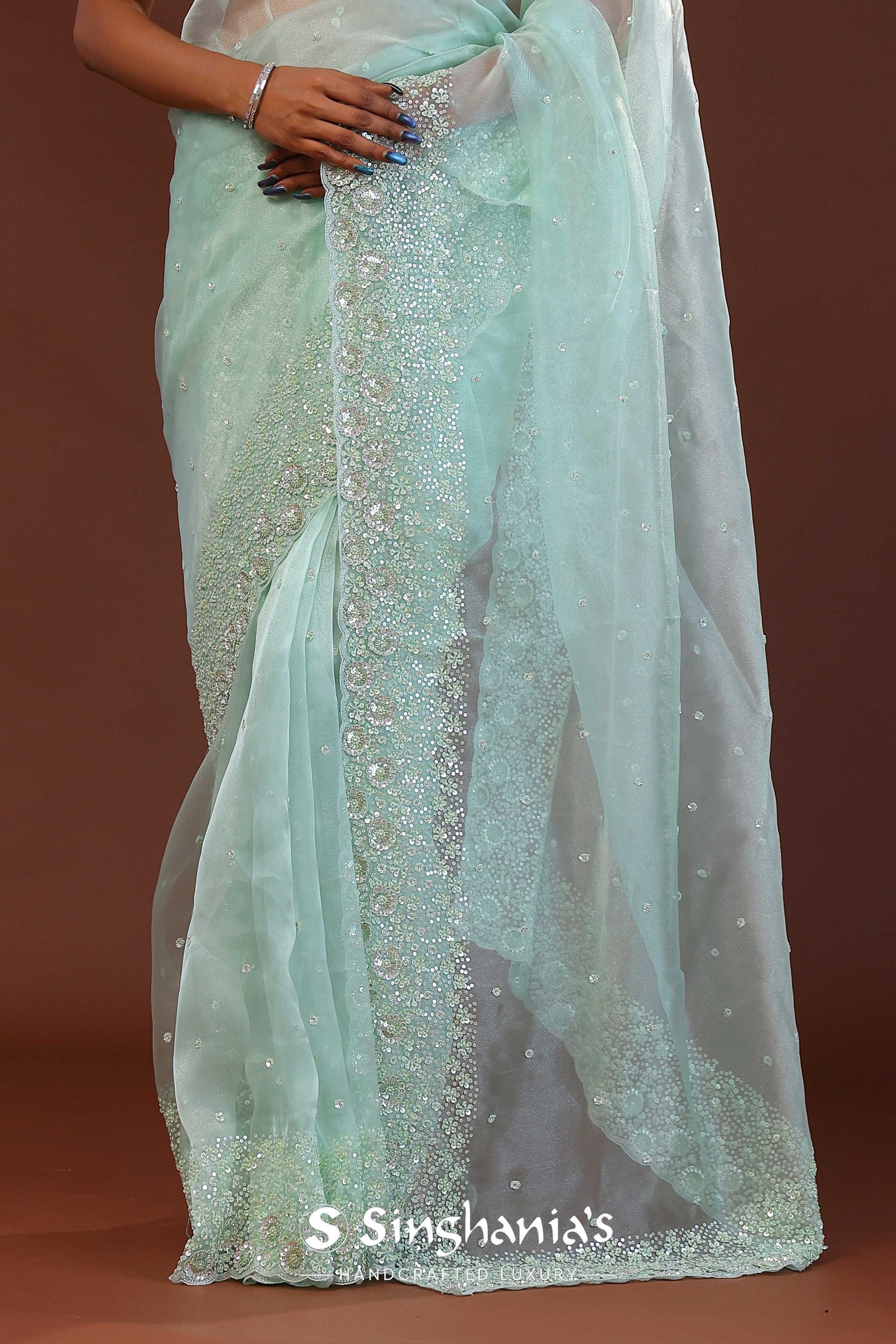 <img>  Green Organza Saree With Scallop Border