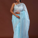 Sky Blue Tissue Organza Saree With Scallop Border