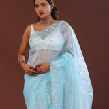 Sky Blue Tissue Organza Saree With Scallop Border